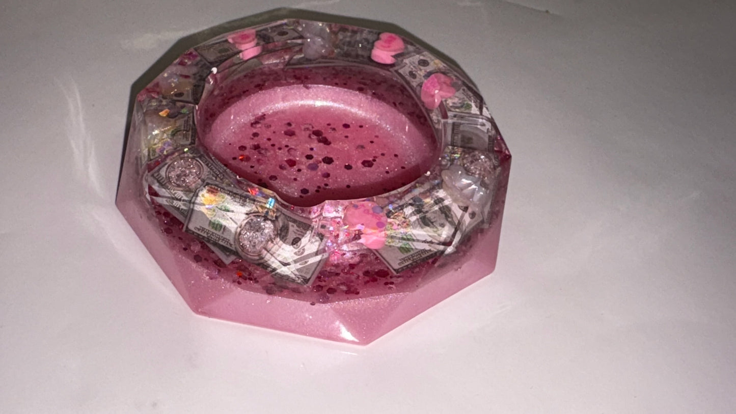BABY PINK DOLLAR BILL & HEART GLITTER ASHTRAY
