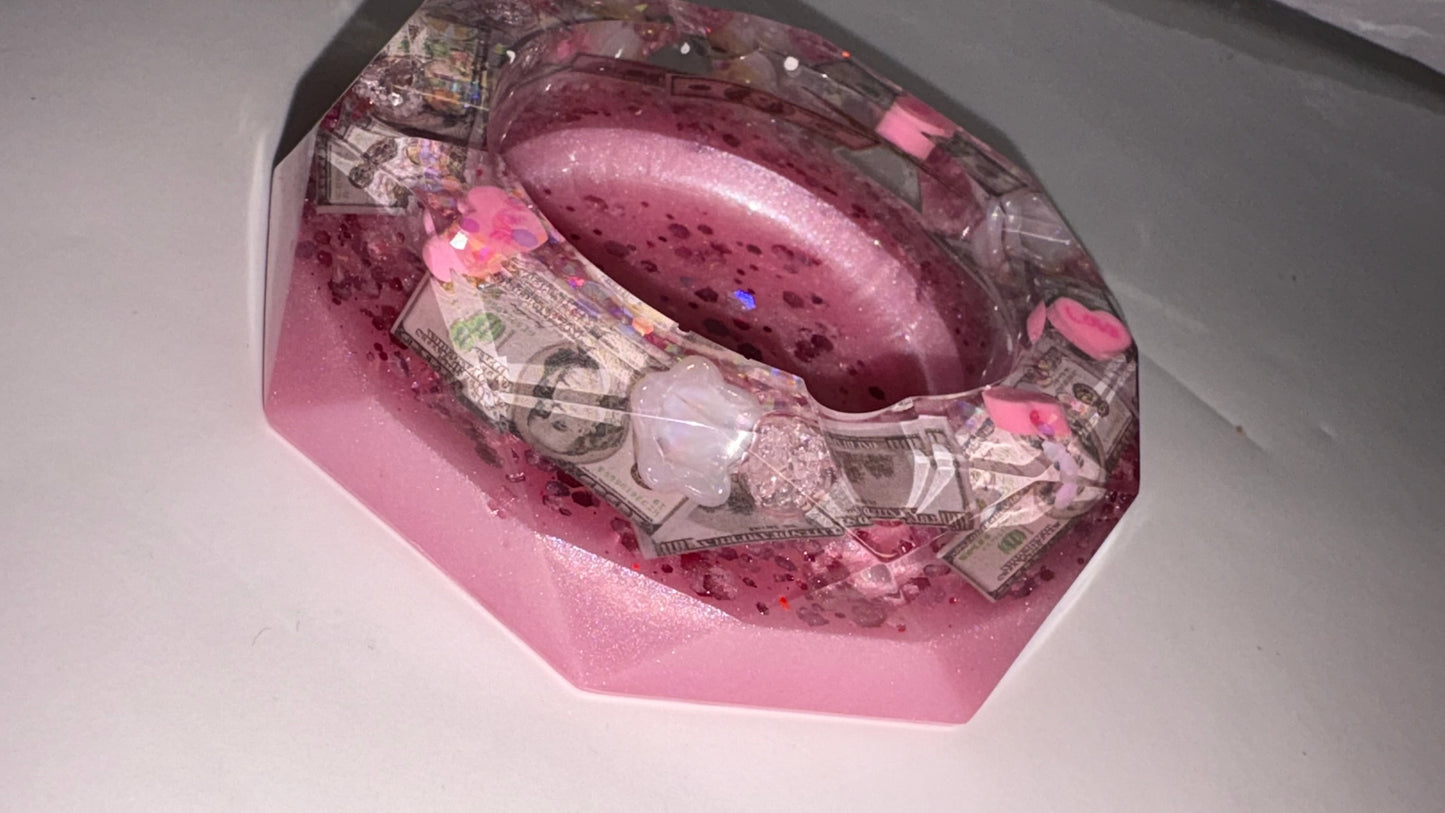 BABY PINK DOLLAR BILL & HEART GLITTER ASHTRAY