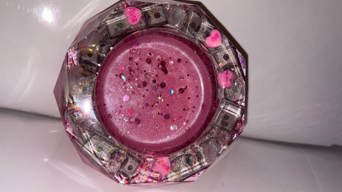 BABY PINK DOLLAR BILL & HEART GLITTER ASHTRAY