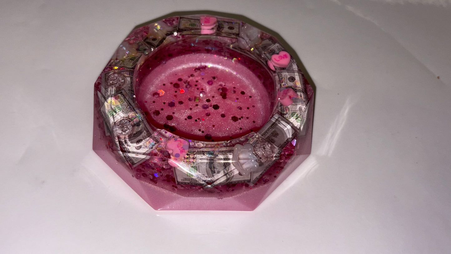 BABY PINK DOLLAR BILL & HEART GLITTER ASHTRAY