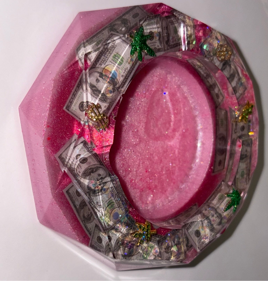 BABY PINK DOLLAR BILL & LEAF GLITTER ASHTRAY