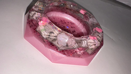BABY PINK DOLLAR BILL & HEART GLITTER ASHTRAY